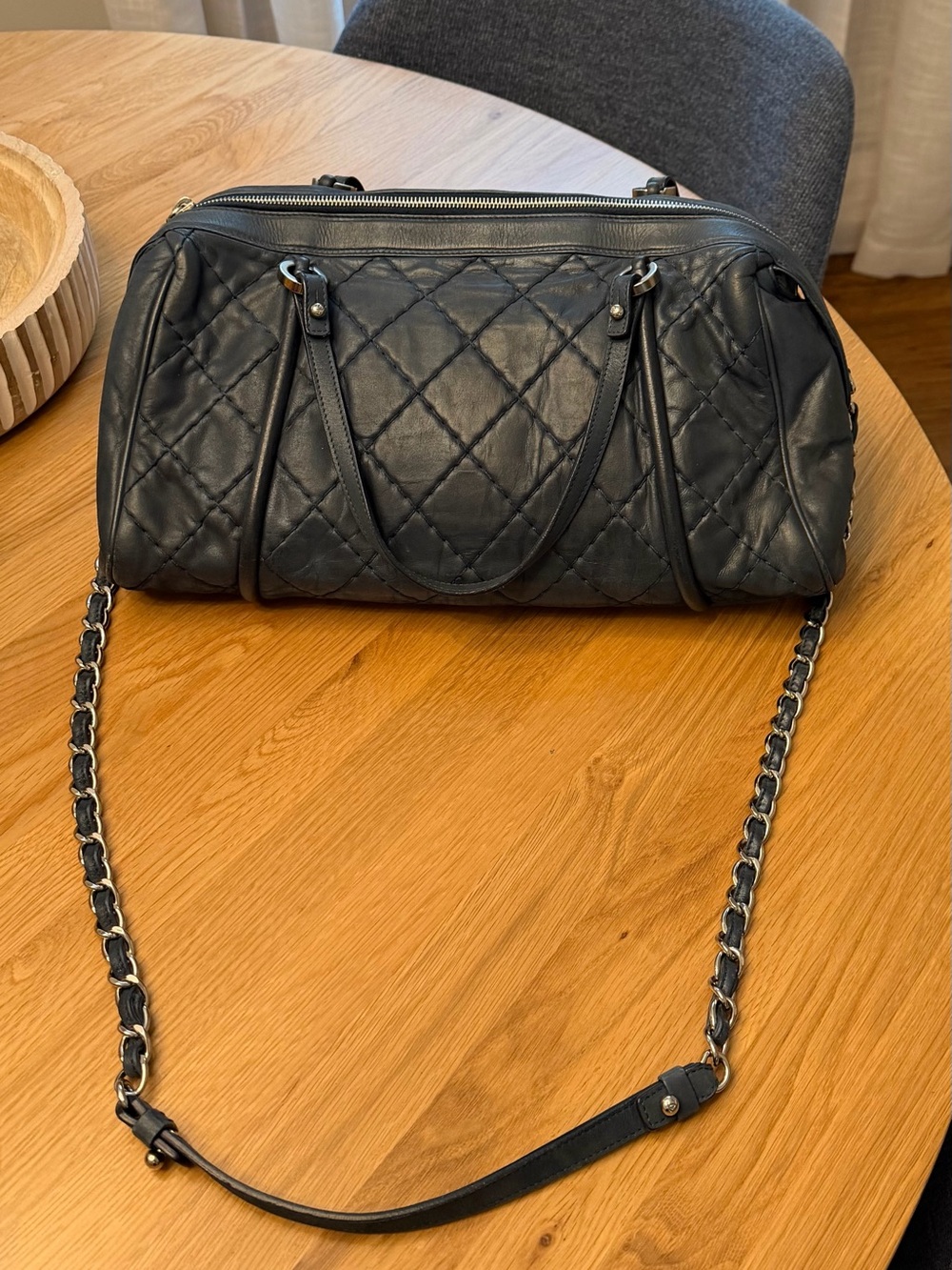 CHANEL Blue Diamond Quilted Leather Bowling Satchel with Chain Strap - Picture 12 of 16